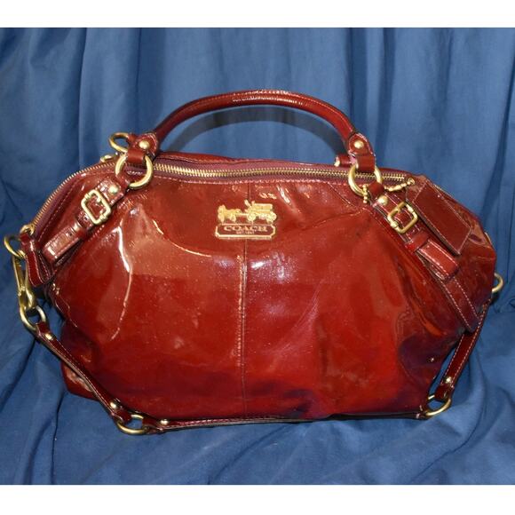 Coach Madison Maggie Red Satchel Hobo Bag Glossy Leather Shoulder Purse - Picture 1 of 11